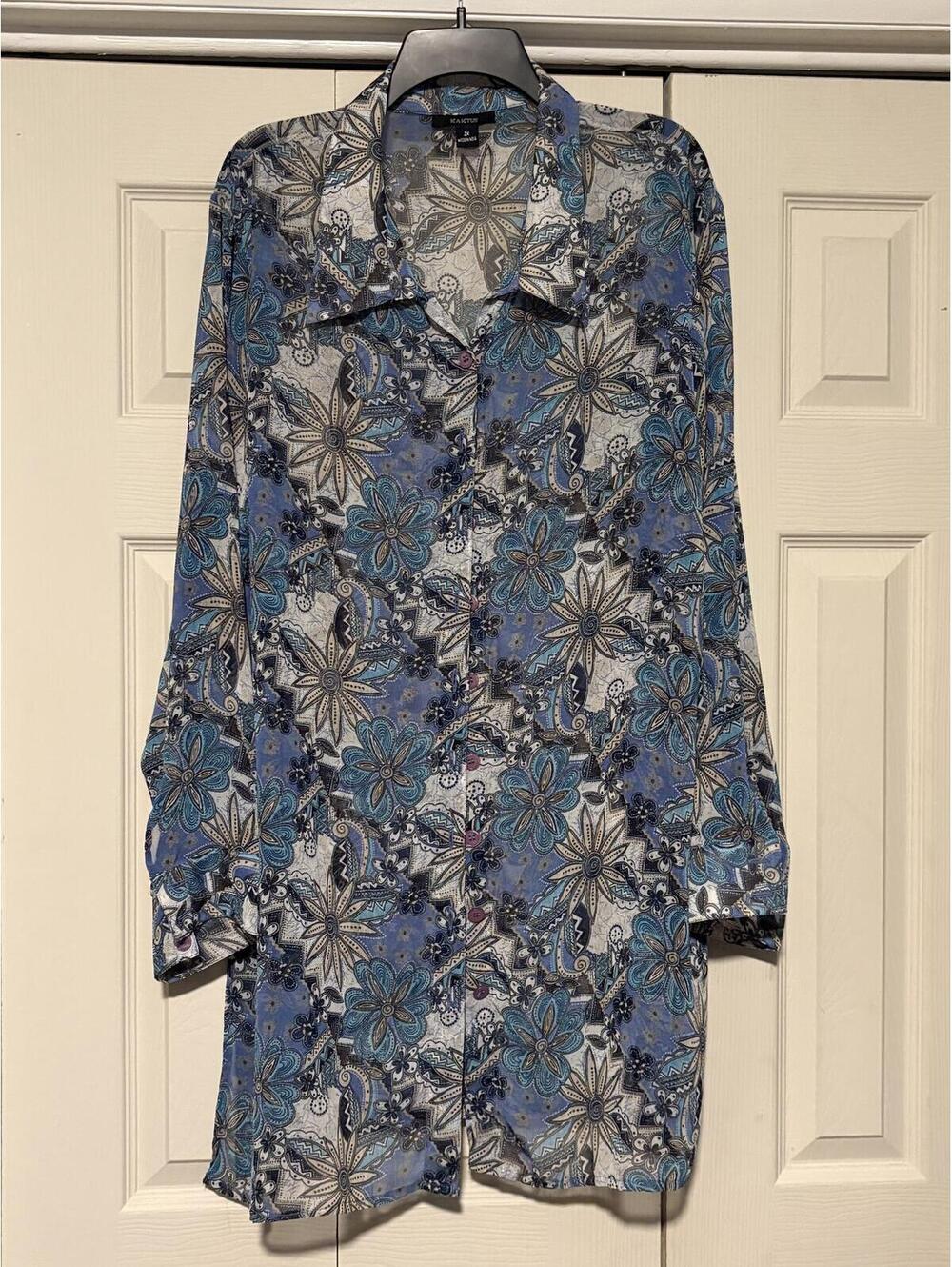 Kaktus Floral Paisley Tunic Shirt Blue Boho Swim Cover Up Beach Kimono Top